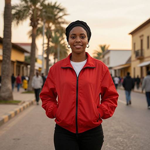 Photograph of a smiling Black woman in a red jacket, black headscarf, white shirt, standing on a sunlit, palm-lined street.