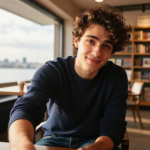 Photograph of a young man with curly brown hair, wearing a navy sweater, smiling warmly while seated in a brightly lit café.
