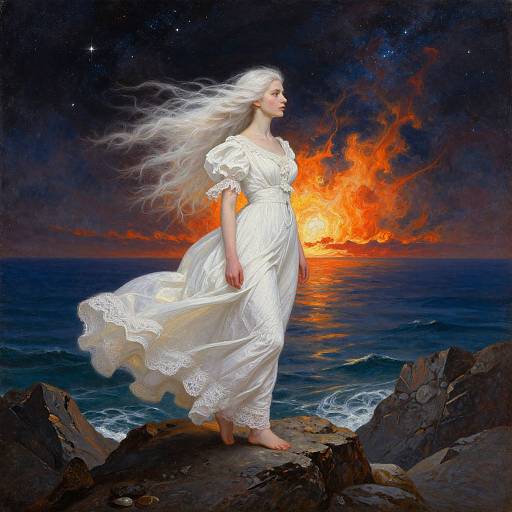 Digital painting of a white-haired woman in a flowing white dress standing on rocky cliffs, with a fiery orange sky and dark ocean behind her, stars scattered