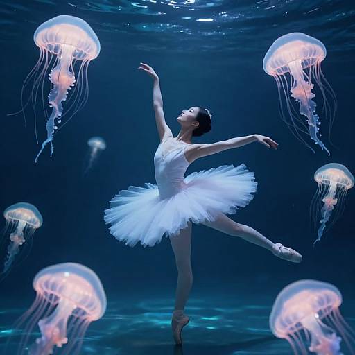 Photograph of a ballerina in a white tutu dancing underwater, surrounded by glowing jellyfish, in a dark blue ocean.
