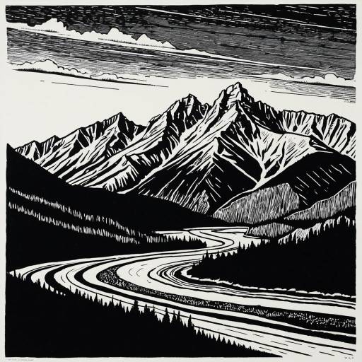 Black and White Linocut of North American Rockies
