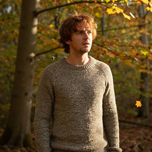 Photograph of a young man with tousled brown hair, wearing a gray knit sweater, standing in a sunlit autumn forest with yellow and orange leaves