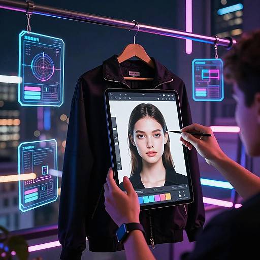 Neon-lit digital art studio: Hands edit photo of woman on tablet, black jacket on hanger, futuristic blue screens, city lights background.