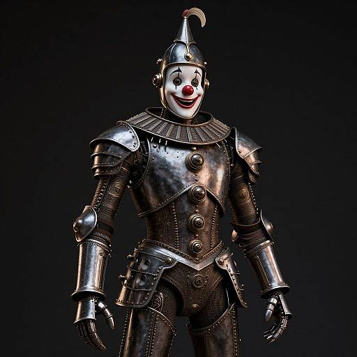 CGI image of a smiling clown in medieval-style silver armor with a peaked helmet, dark background, and detailed metallic textures.