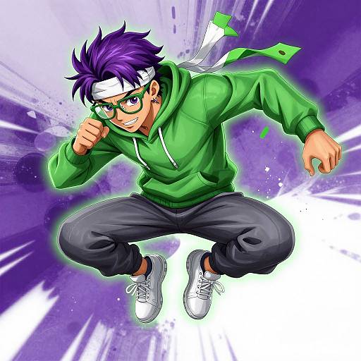 Dynamic anime-style illustration of a purple-haired, green-eyed boy in a green hoodie, black pants, white sneakers, and glasses, mid-leap against