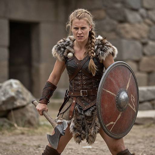 Photograph of a fierce, blonde woman warrior in fur-lined armor, holding a battle axe and round shield, standing ready in a stone fortress courtyard.