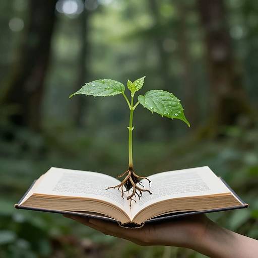 Hand Holding Book with Sprouting Plant