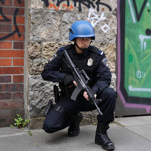 Crouching Officer in Urban Graffiti Alley