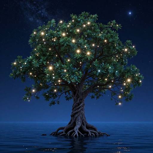 Magical tree with glowing, fairy-like lights stands alone in calm, dark blue water under a starry night sky. Digital artwork.