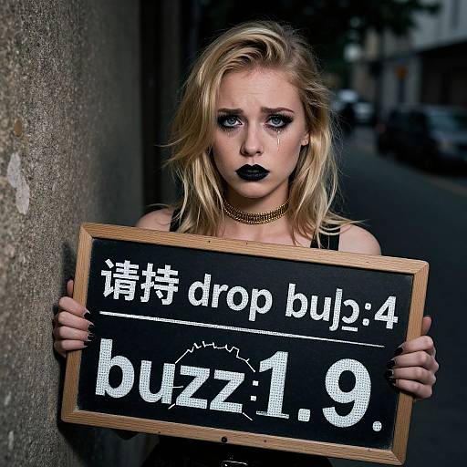Photograph of a pale, blonde woman with heavy black makeup, black lipstick, and a gold choker, holding a broken black sign with white Japanese