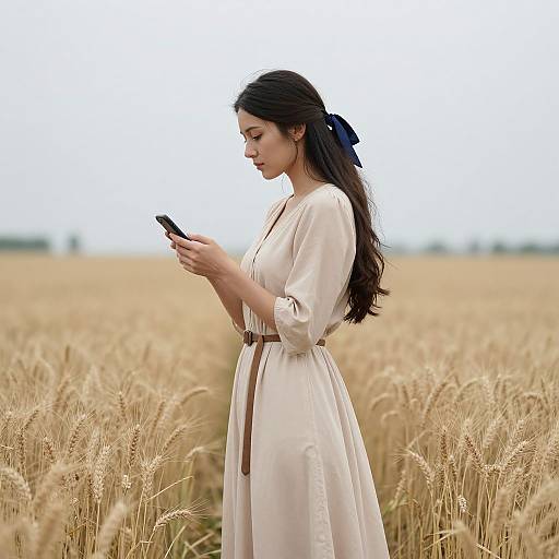 Photograph of a young woman with long dark hair in a white dress, standing in a golden wheat field, intently looking at a smartphone.