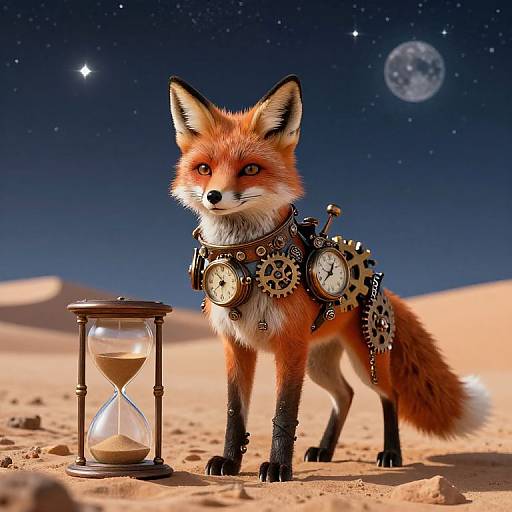 Digital artwork of a steampunk fox with clock gears on its back, standing in a desert with sand dunes, a sand hourglass, and