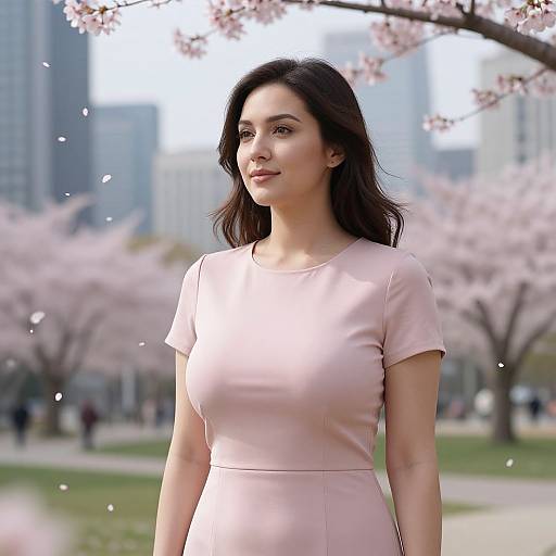Photograph of a fair-skinned woman with dark brown hair in a pale pink, short-sleeve dress, standing in a park with blooming