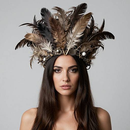Photograph of a fair-skinned woman with long dark hair, wearing a large, ornate feathered headpiece with black, brown, and white
