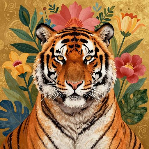 Digital illustration of a tiger with orange and black stripes, staring forward, surrounded by colorful flowers and green leaves against a gold patterned background.