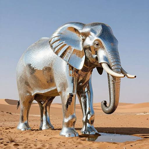 Photograph of a chrome-plated elephant standing in a desert with orange sand dunes, clear blue sky, and a small puddle at its feet