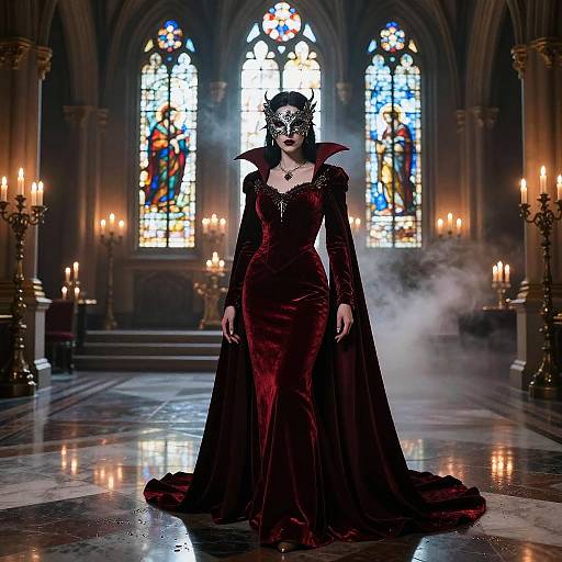 Gothic vampire woman in a dark red velvet gown with a black mask and cape stands in a misty, candlelit cathedral with colorful stained glass
