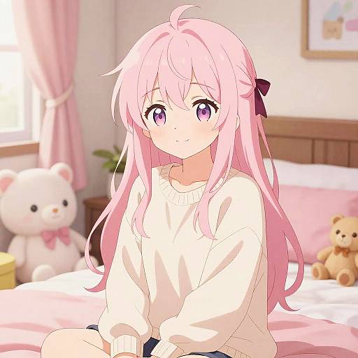 Cute Pink Hair Anime Girl in Cozy Bedroom