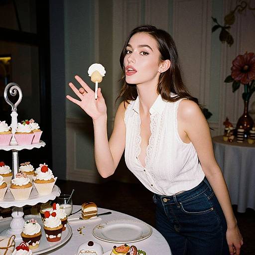 Photograph of a young woman with fair skin and long brown hair, wearing a white lace sleeveless top and dark jeans, holding a frosted cup