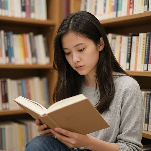 Photograph of an Asian woman with long black hair, wearing a gray sweater, reading a book in a library with wooden bookshelves filled with colorful