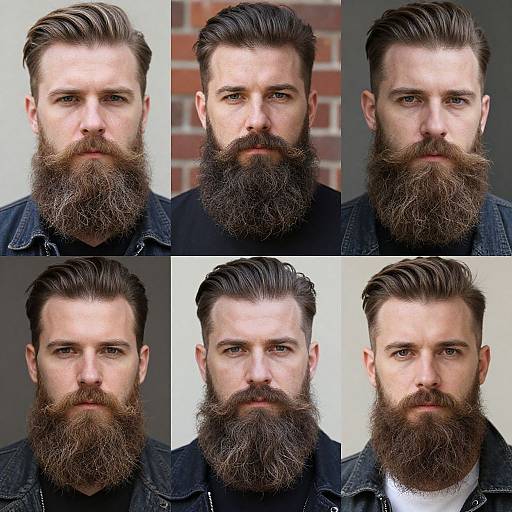 Photograph of a white man with six headshots, showing various hairstyles and beard styles, from full beard to clean-shaven, in denim jackets.