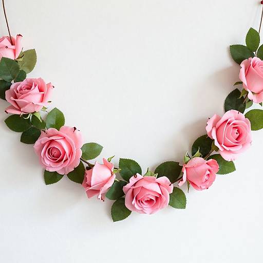 Photograph of a white background with a decorative border of pink roses and green leaves arranged in a semi-circle.
