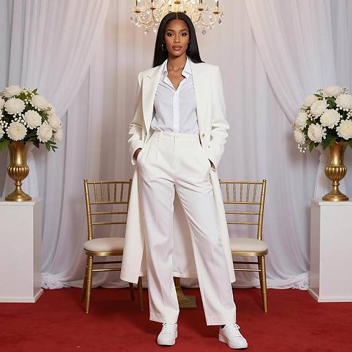 Elegant Black Woman in White Suit at Formal Event