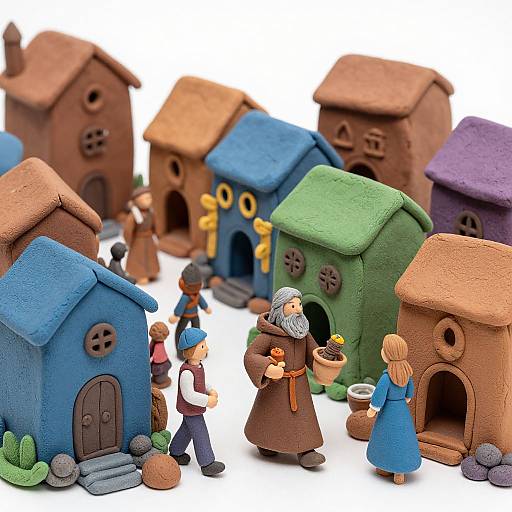 Photograph of colorful, textured, miniature houses with small, detailed, plastic figurines of villagers in front, including an elderly man with a basket and