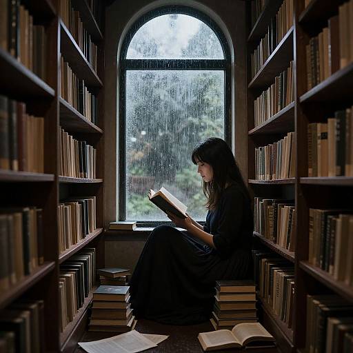 Photograph of a woman with long dark hair, wearing a black dress, reading a book in a dimly lit library aisle, rain visible through an