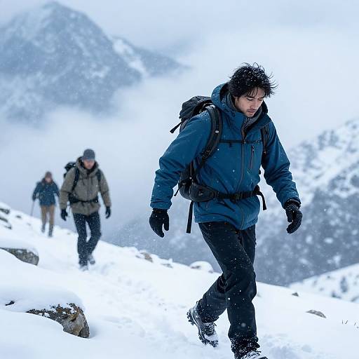 Photograph of three hikers in winter gear walking through a snowy, mountainous landscape; the foreground hiker wears a blue jacket and black gloves,