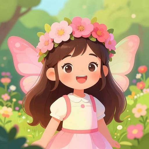 Cute anime-style digital drawing of a brown-haired girl with pink flowers in her hair, fairy wings, wearing a white shirt and pink skirt, smiling