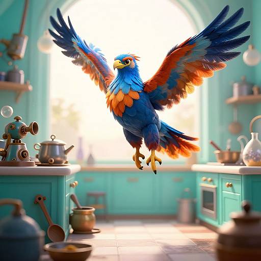 Vibrant blue and orange bird with outstretched wings flies above a quaint, turquoise kitchen with vintage pots and pans. Digital art.