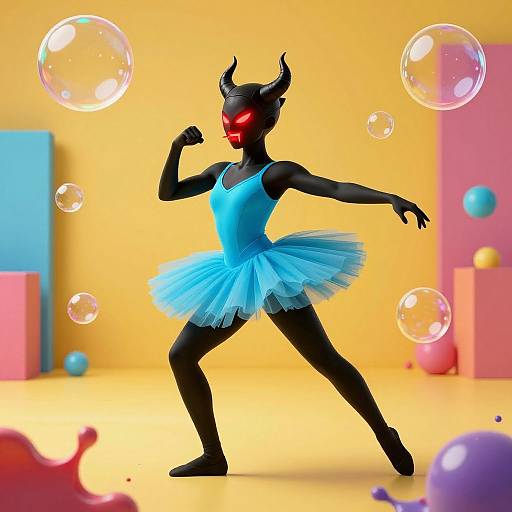 Digital artwork of a black-skinned demon woman with red eyes, small horns, wearing a blue tutu, dancing in a colorful, bubble-filled background
