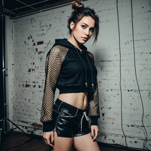 Young Woman in Black Fishnet Sleeve Hoodie and Leather Shorts