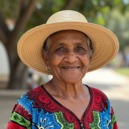 Photograph of an elderly woman with brown skin, smiling, wearing a large straw hat and colorful, patterned blouse, outdoors.