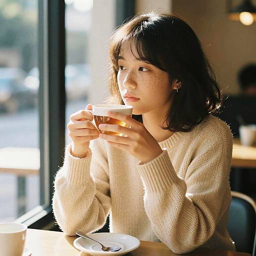 Asian Girl Relaxing in Sunlit Cafe