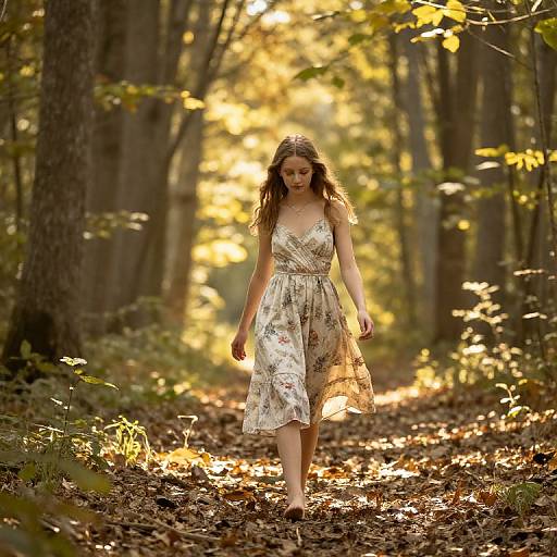Teenage Girl Walking in Sunlit Forest
