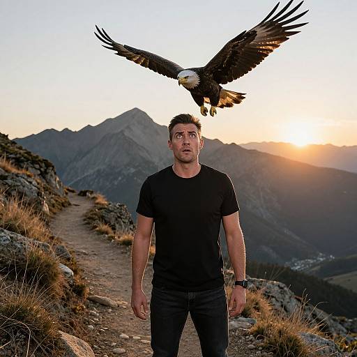 Astonished Hiker Observing Eagle at Sunrise