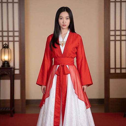 Photograph of an Asian woman with long black hair wearing a red and white traditional Korean hanbok, standing in a Japanese-style room with wooden doors