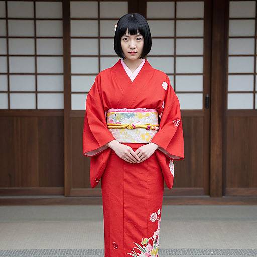 Woman in Red Kimono Costume
