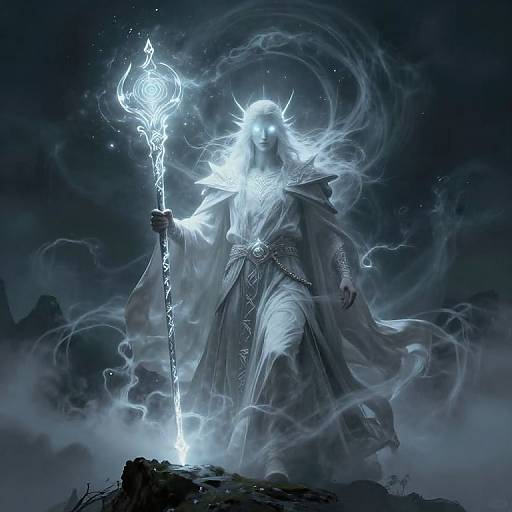 Digital art of a glowing, ethereal figure with flowing white hair, wearing a long, ornate robe, holding a radiant, ornate staff,