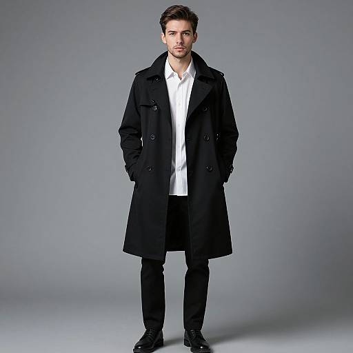 Photograph of a handsome man with short brown hair, wearing a black trench coat, white shirt, black pants, and black shoes, standing against a