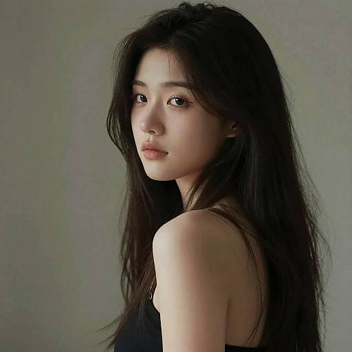 Photograph of a young Asian woman with long, straight black hair, fair skin, and expressive brown eyes, looking over her shoulder, wearing a black