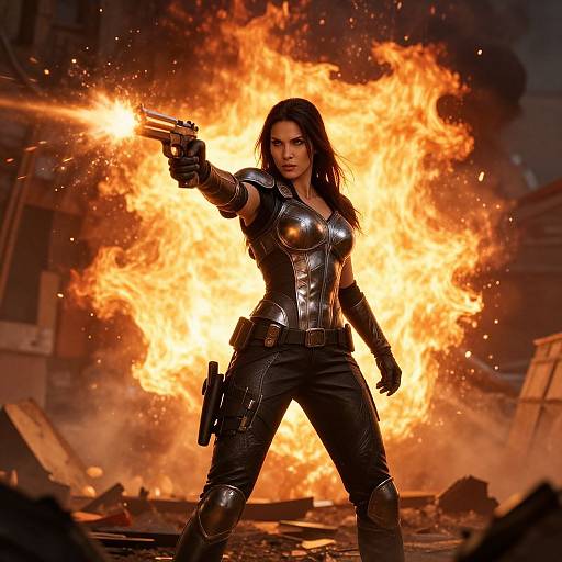 Photorealistic digital artwork of a fierce, dark-haired woman in metallic armor, firing a gun at an intense, blazing fire in a ruined, dark