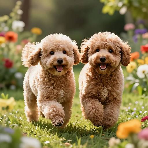 Photograph of two fluffy, light brown, playful puppy dogs running joyfully in a sunlit garden filled with colorful flowers.