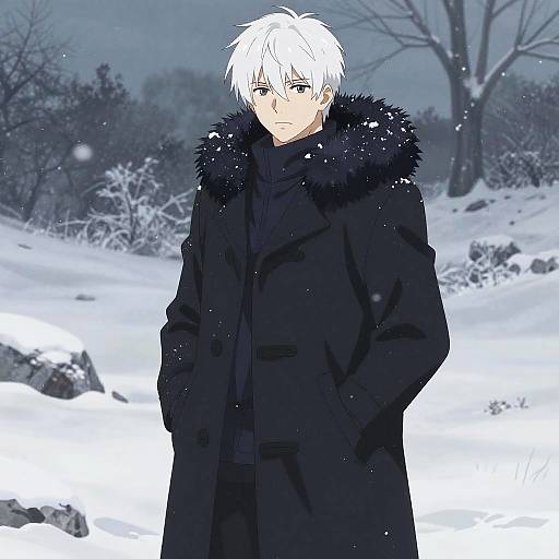 Anime-style drawing of a white-haired, blue-eyed young man in a black fur-trimmed coat, standing in a snowy, wintry forest.