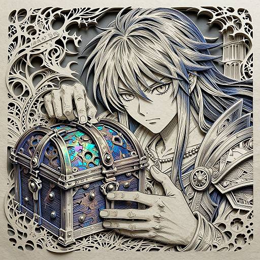 Manga-style digital illustration of a serious, long-haired male warrior holding a detailed, colorful, ornate chest with intricate armor and dark floral patterns in