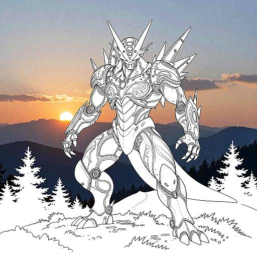 Digital line art of a spiked, humanoid robot standing against a sunset over mountainous forest, with trees in silhouette.