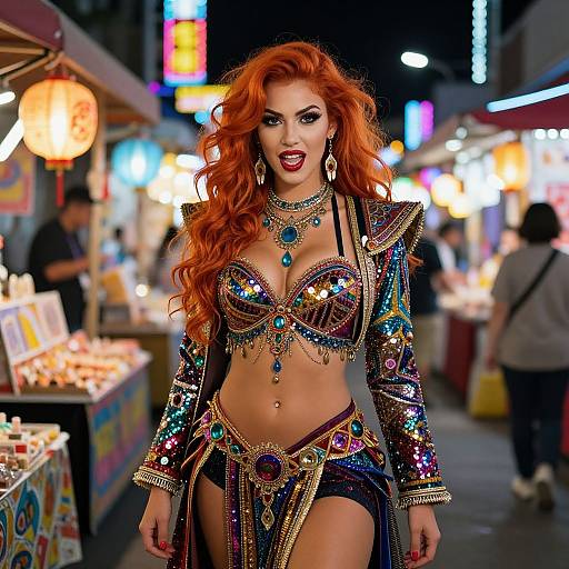 Photograph of a glamorous, red-haired woman in a colorful, sequined, belly dancer outfit, with intricate jewelry, walking through a vibrant, neon