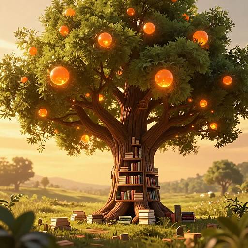 Photorealistic digital artwork of a giant tree with glowing orange orbs, book-filled trunk, and scattered books in a sunlit meadow.